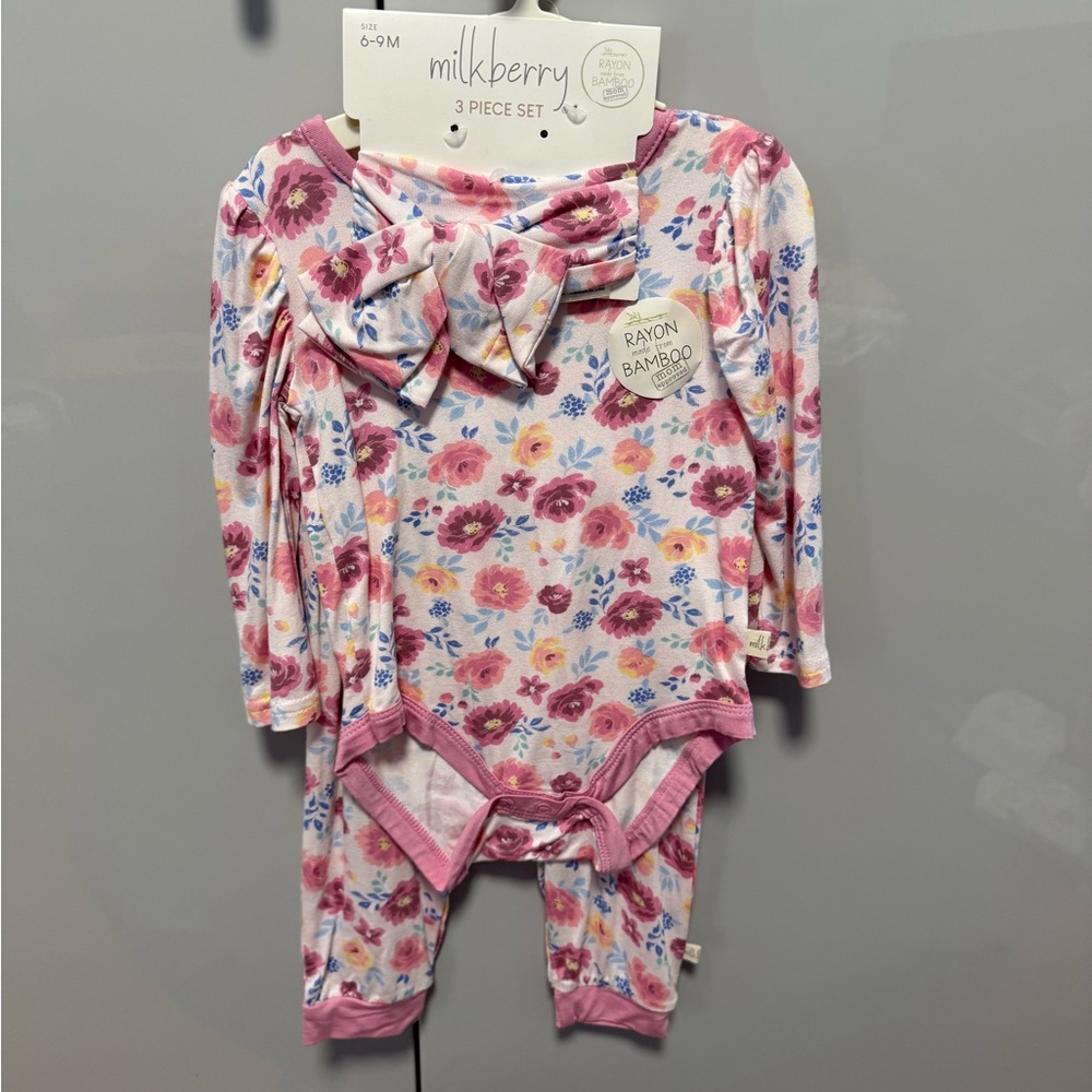 NWT Floral Baby Onesie Set with Headband